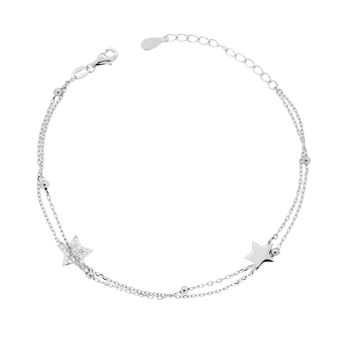 Bracciale due fili Catena Forzatina Diamantata con Stelle e Cubic Zirconia Bianchi in ARGENTO 925 Galvanica Rodio<BR>