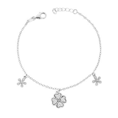 Bracciale Catena Forzatina Diamantata con Quadrifoglio e Fiori con Cubic Zirconia Bianchi in ARGENTO 925 Galvanica Rodio<BR>