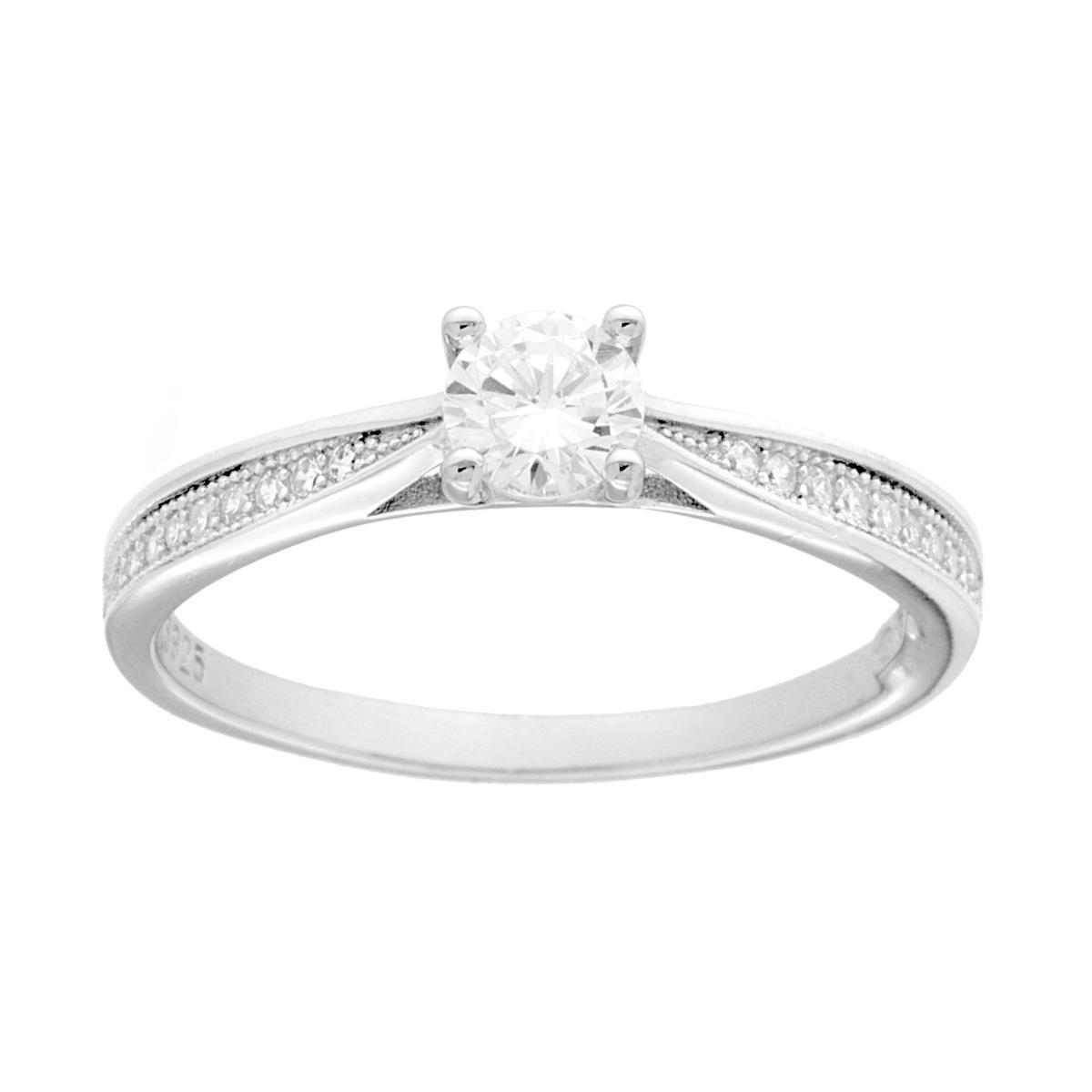 Anello Solitario con Cubic Zirconia Bianco mm 4.5 in ARGENTO 925 Galvanica Rodio<BR>