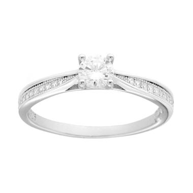 Anello Solitario con Cubic Zirconia Bianco mm 4.5 in ARGENTO 925 Galvanica Rodio<BR>
