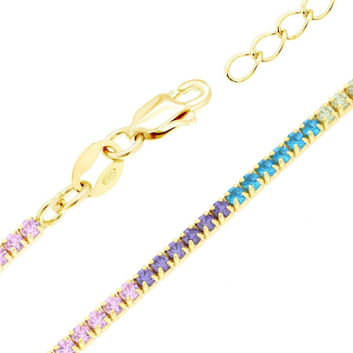 Bracciale Tennis Griffe cm 16+3 con Zirconi Multicolor mm 1.7 in ARGENTO 925 Galvanica Oro<BR>