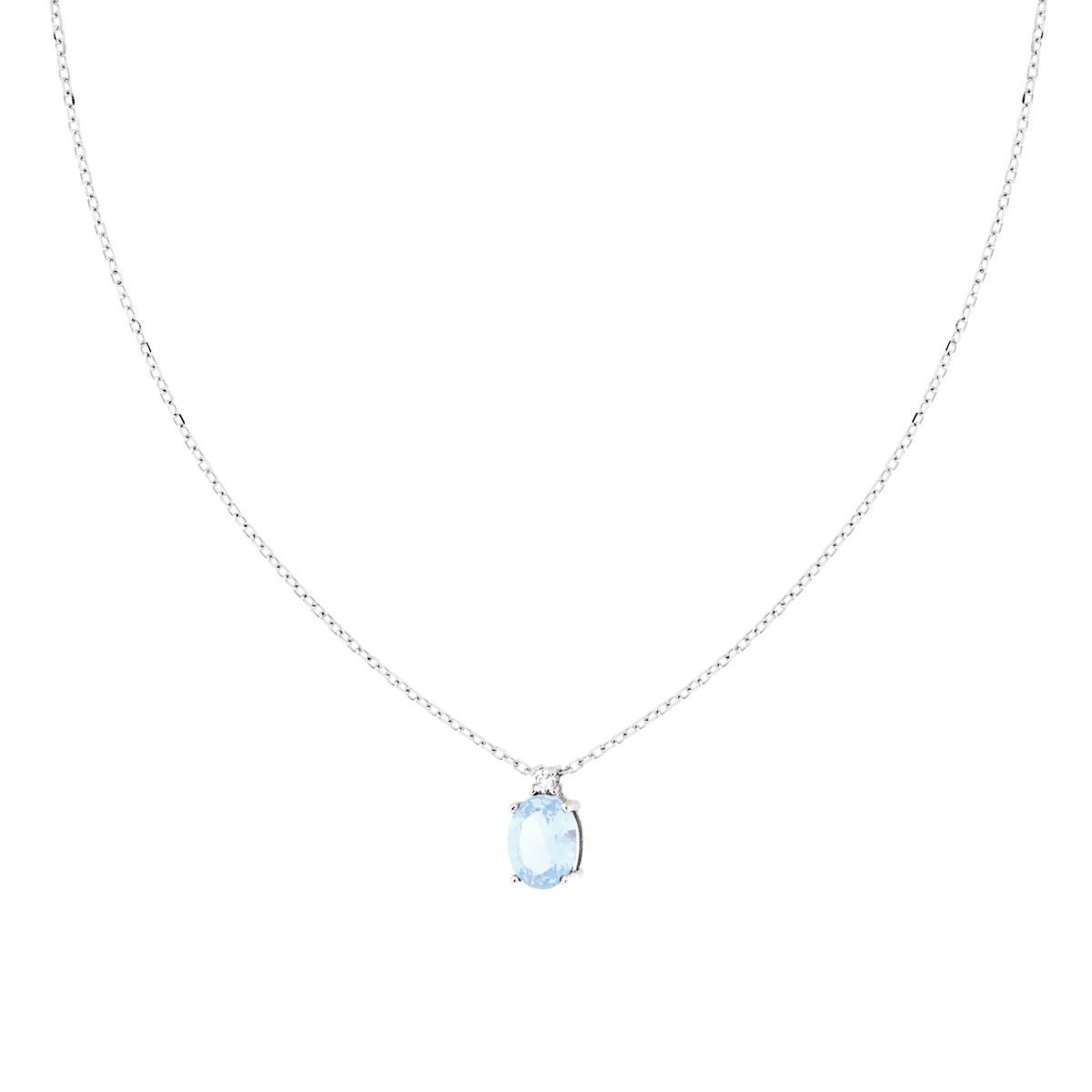 Collana Catena Forzatina Diamantata con Punto Luce Ovale Cubic Zirconia Acquamarina in ARGENTO 925 Galvanica Rodio<BR>