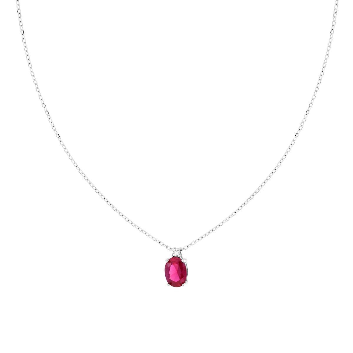 Collana Catena Forzatina Diamantata con Punto Luce Ovale Cubic Zirconia Rosso Rubino in ARGENTO 925 Galvanica Rodio<BR>