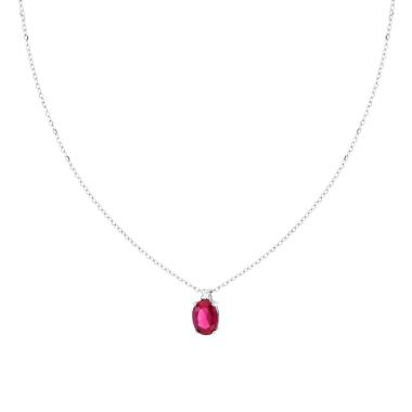 Collana Catena Forzatina Diamantata con Punto Luce Ovale Cubic Zirconia Rosso Rubino in ARGENTO 925 Galvanica Rodio