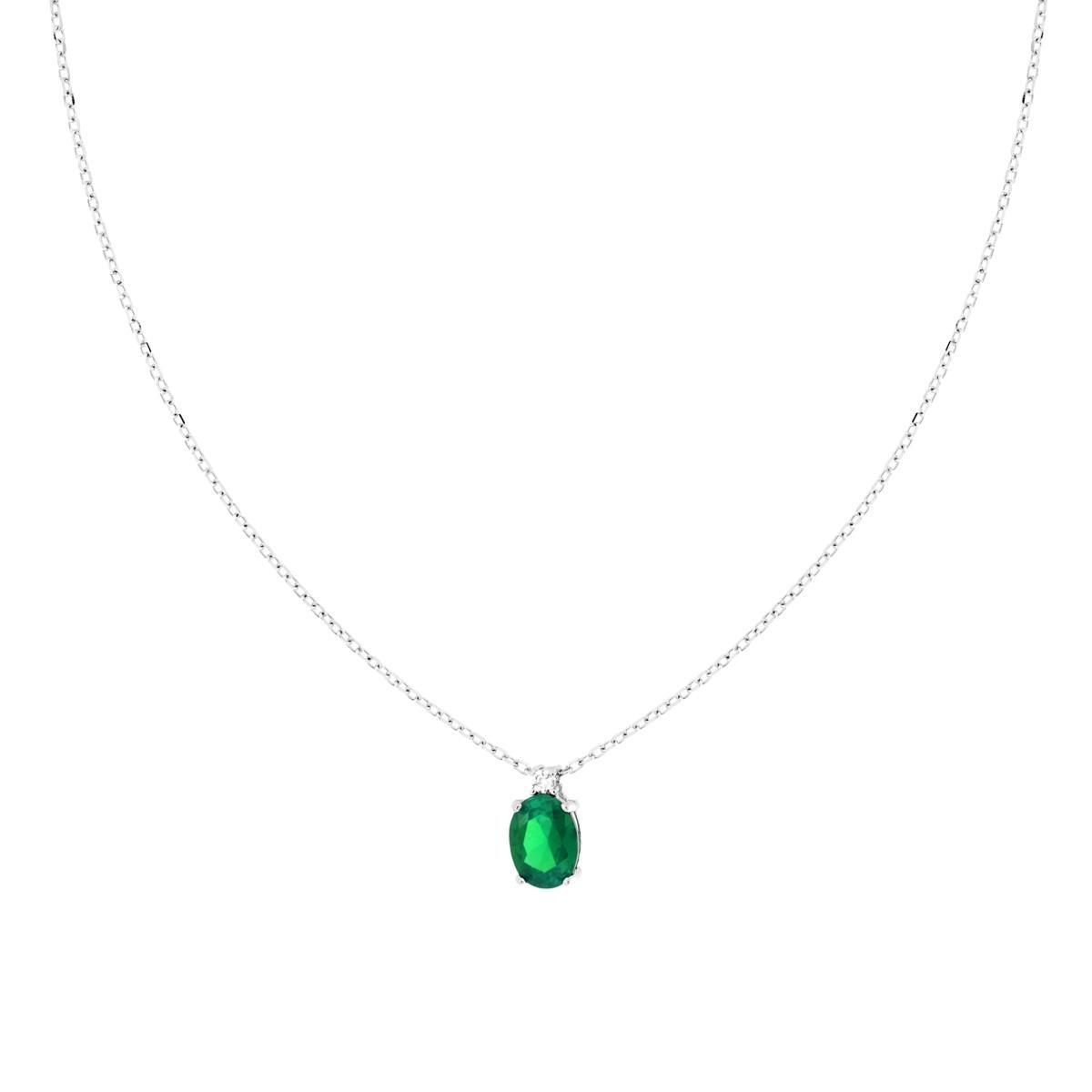 Collana Catena Forzatina Diamantata con Punto Luce Ovale Cubic Zirconia Verde Smeraldo in ARGENTO 925 Galvanica Rodio<BR>