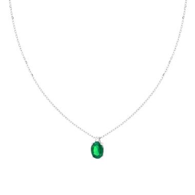 Collana Catena Forzatina Diamantata con Punto Luce Ovale Cubic Zirconia Verde Smeraldo in ARGENTO 925 Galvanica Rodio