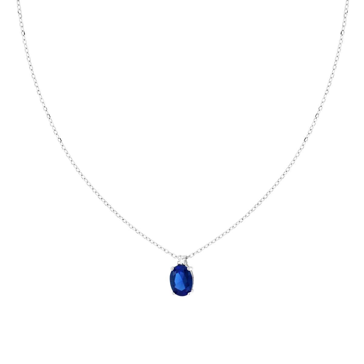 Collana Catena Forzatina Diamantata con Punto Luce Ovale Cubic Zirconia Blu Zaffiro in ARGENTO 925 Galvanica Rodio<BR>