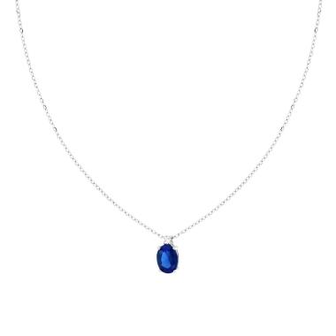 Collana Catena Forzatina Diamantata con Punto Luce Ovale Cubic Zirconia Blu Zaffiro in ARGENTO 925 Galvanica Rodio