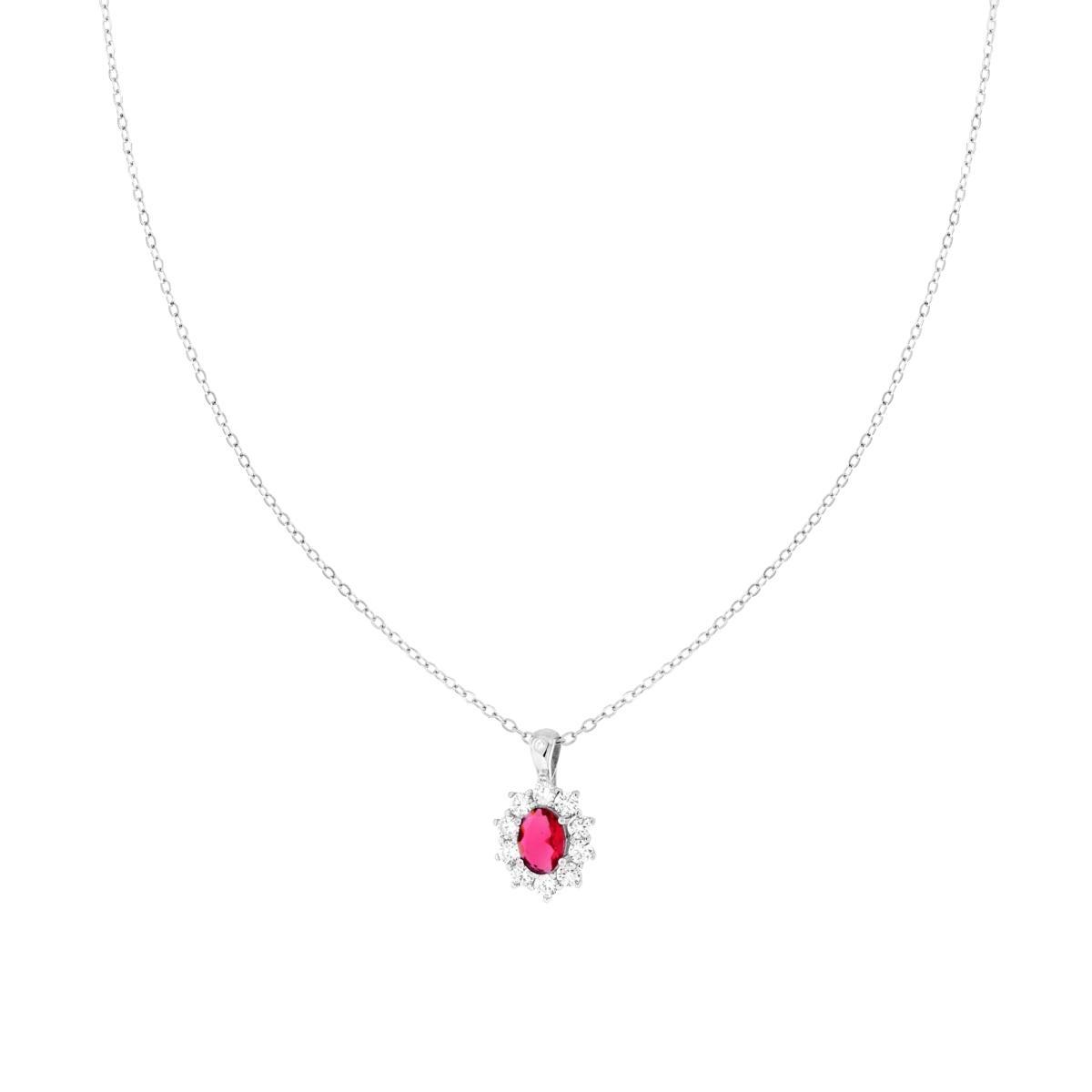 Collana Catena Forzatina Diamantata con Ovale Rosso Rubino contornato da Cubic Zirconia Bianchi in ARGENTO 925 Galvanica Rodio<BR>