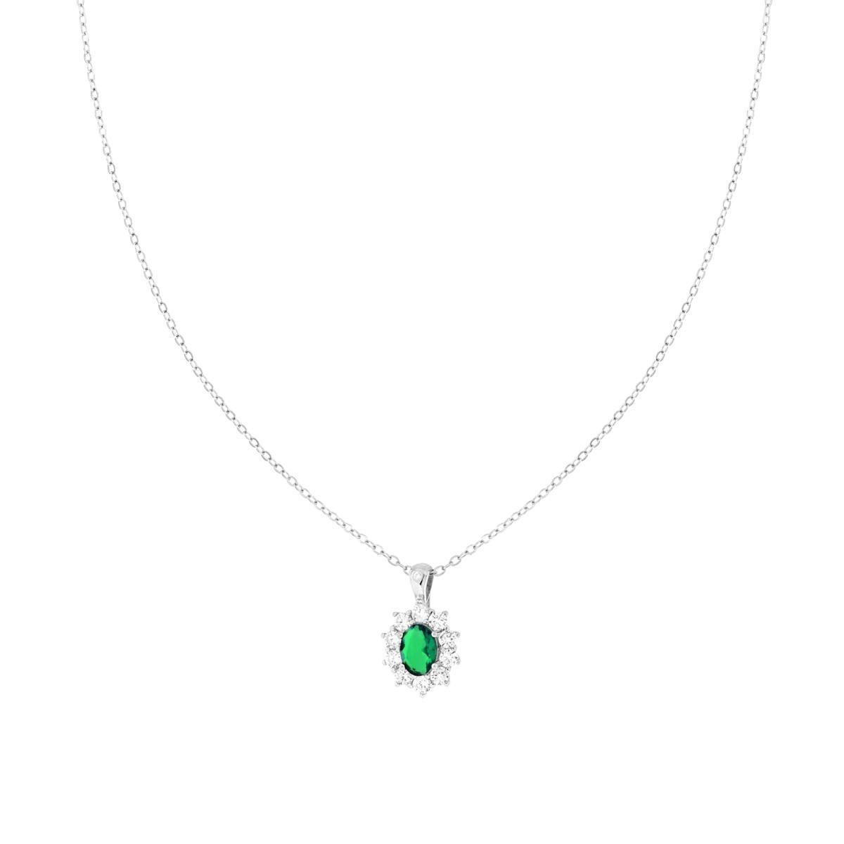 Collana Catena Forzatina Diamantata con Ovale Verde Smeraldo contornato da Cubic Zirconia Bianchi in ARGENTO 925 Galvanica Rodio<BR>