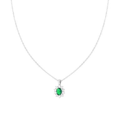 Collana Catena Forzatina Diamantata con Ovale Verde Smeraldo contornato da Cubic Zirconia Bianchi in ARGENTO 925 Galvanica Rodio