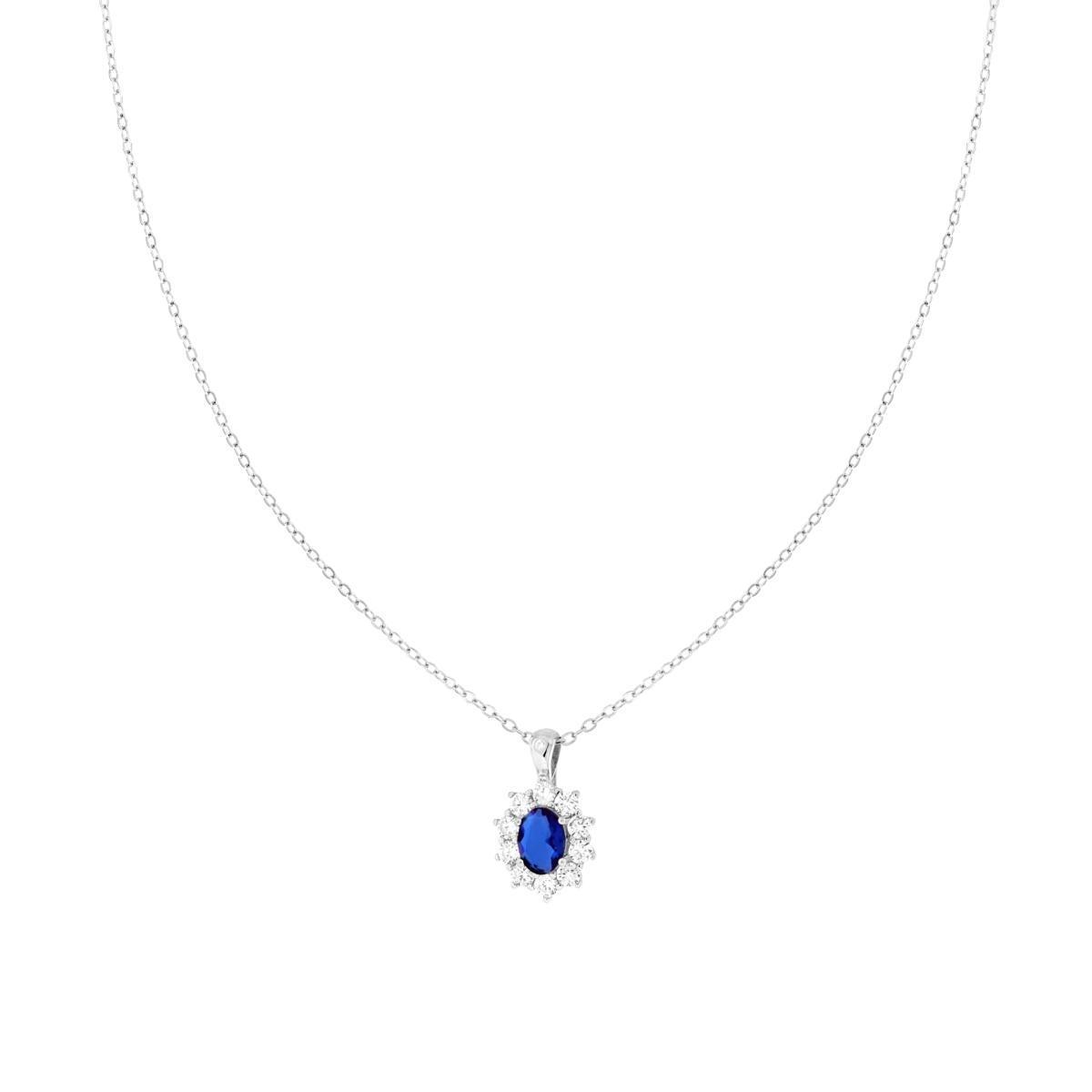 Collana Catena Forzatina Diamantata con Ovale Blu Zaffiro contornato da Cubic Zirconia Bianchi in ARGENTO 925 Galvanica Rodio<BR>