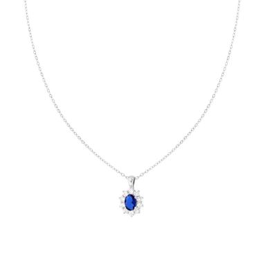Collana Catena Forzatina Diamantata con Ovale Blu Zaffiro contornato da Cubic Zirconia Bianchi in ARGENTO 925 Galvanica Rodio