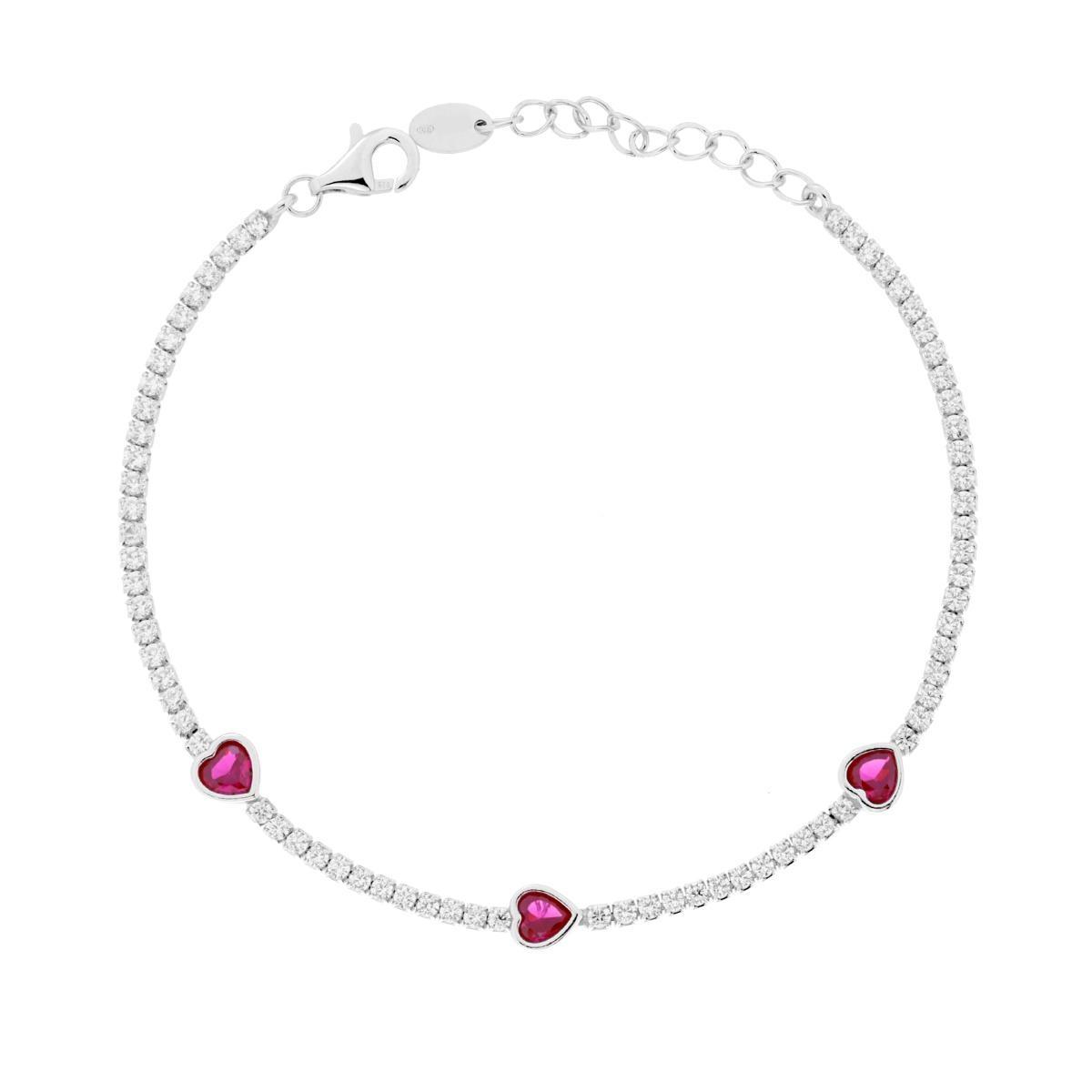 Bracciale Tennis con Cuori Rosso Rubino e Cubic Zirconia Bianchi in ARGENTO 925 Galvanica Rodio<BR>