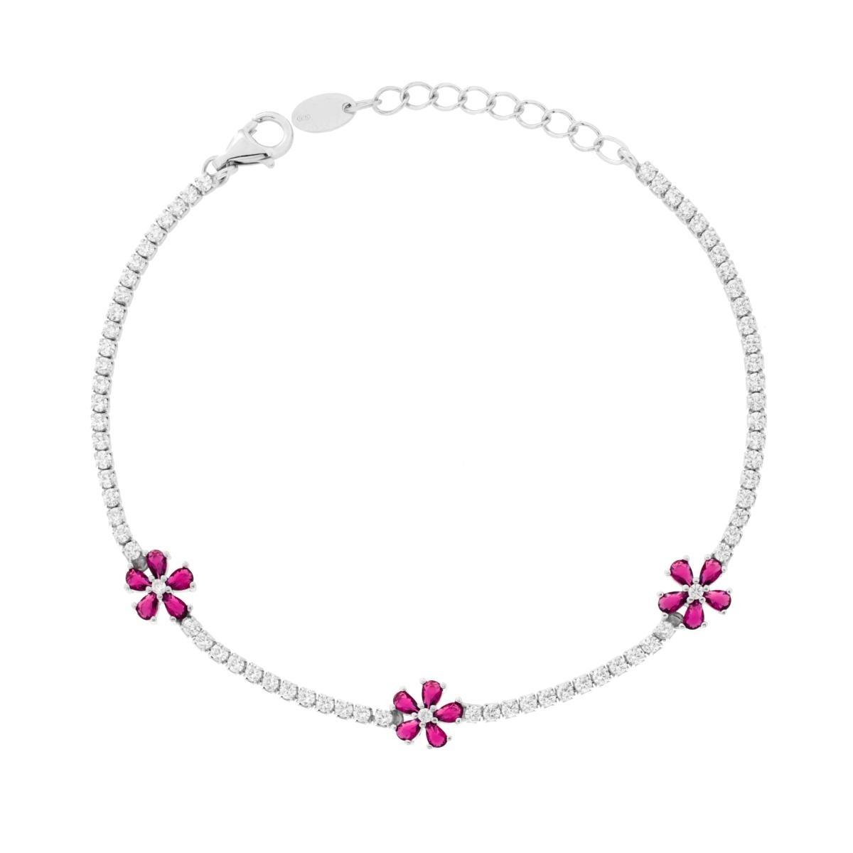 Bracciale Tennis con Fiori Rosso Rubino e Cubic Zirconia Bianchi in ARGENTO 925 Galvanica Rodio<BR>
