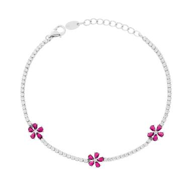 Bracciale Tennis con Fiori Rosso Rubino e Cubic Zirconia Bianchi in ARGENTO 925 Galvanica Rodio