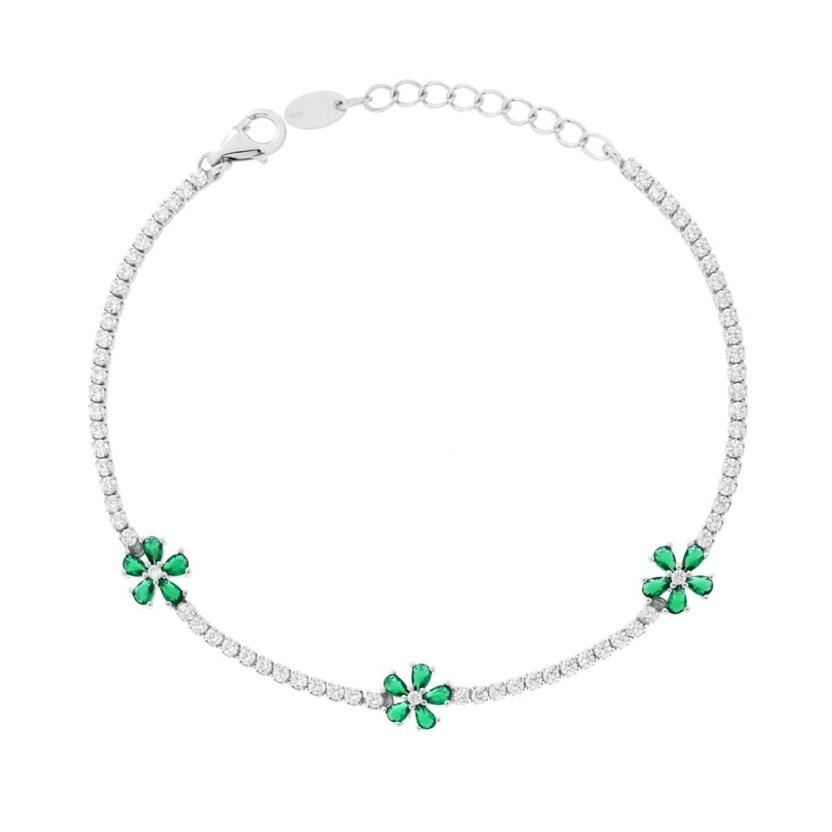 Bracciale Tennis con Fiori Verde Smeraldo e Cubic Zirconia Bianchi in ARGENTO 925 Galvanica Rodio<BR>