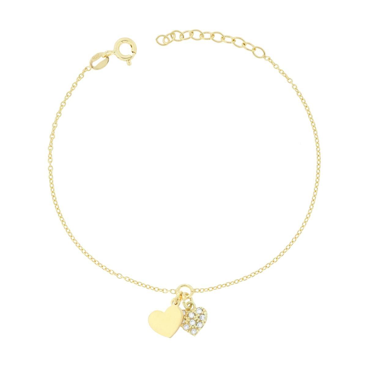 Bracciale Catena Forzatina Diamantata con Cuori e Cubic Zirconia Bianchi in ARGENTO 925 Galvanica Oro<BR>