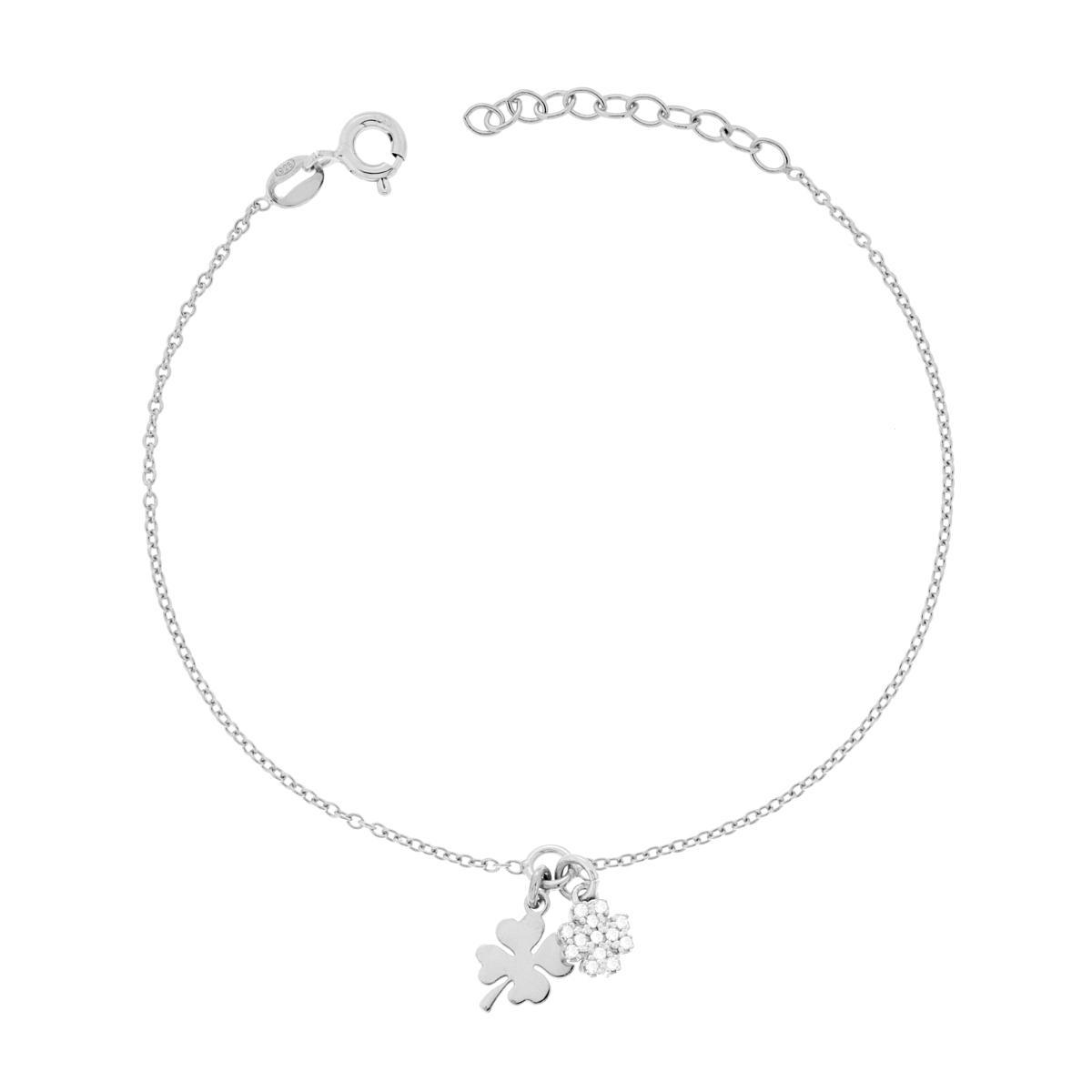 Bracciale Catena Forzatina Diamantata con Quadrifogli e Cubic Zirconia Bianchi in ARGENTO 925 Galvanica Rodio<BR>