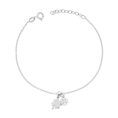 Bracciale Catena Forzatina Diamantata con Quadrifogli e Cubic Zirconia Bianchi in ARGENTO 925 Galvanica Rodio<BR>