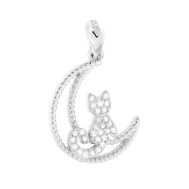 Ciondolo Luna con Gatto e Cubic Zirconia Bianchi in ARGENTO 925 Galvanica Rodio<BR>