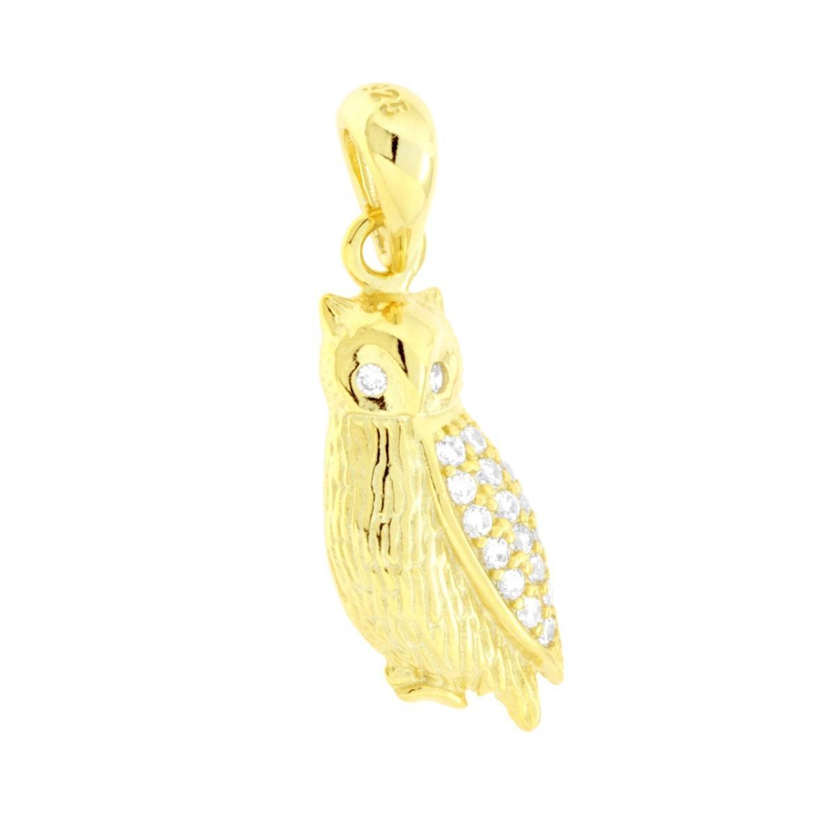 Ciondolo Civetta con Cubic Zirconia Bianchi in ARGENTO 925 Galvanica Oro<BR>