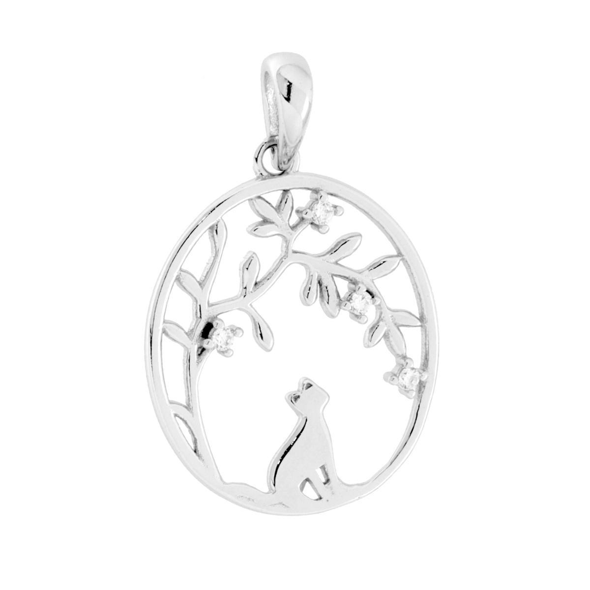 Ciondolo Albero della Vita Ovale con Gatto e Cubic Zirconia Bianchi in ARGENTO 925 Galvanica Rodio<BR>
