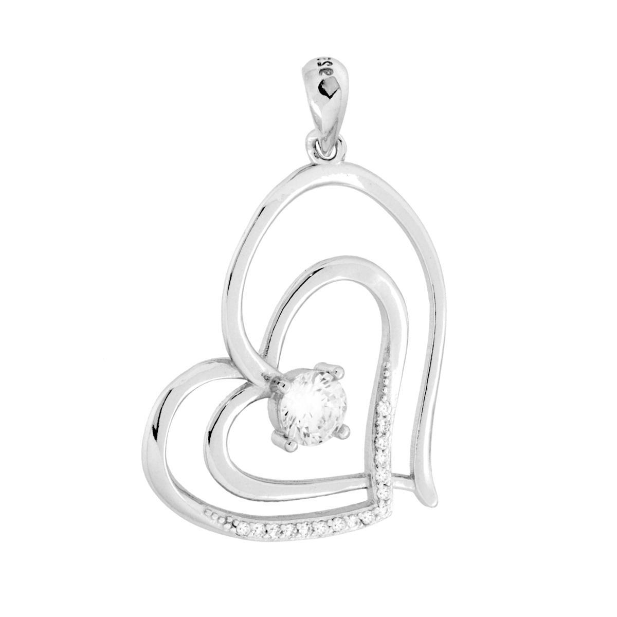Ciondolo Cuore a Nastro con Cubic Zirconia Bianchi in ARGENTO 925 Galvanica Rodio<BR>