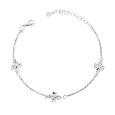 Bracciale Catena Coreana Diamantata con Quadrifogli Diamantati in ARGENTO 925 Galvanica Rodio<BR>