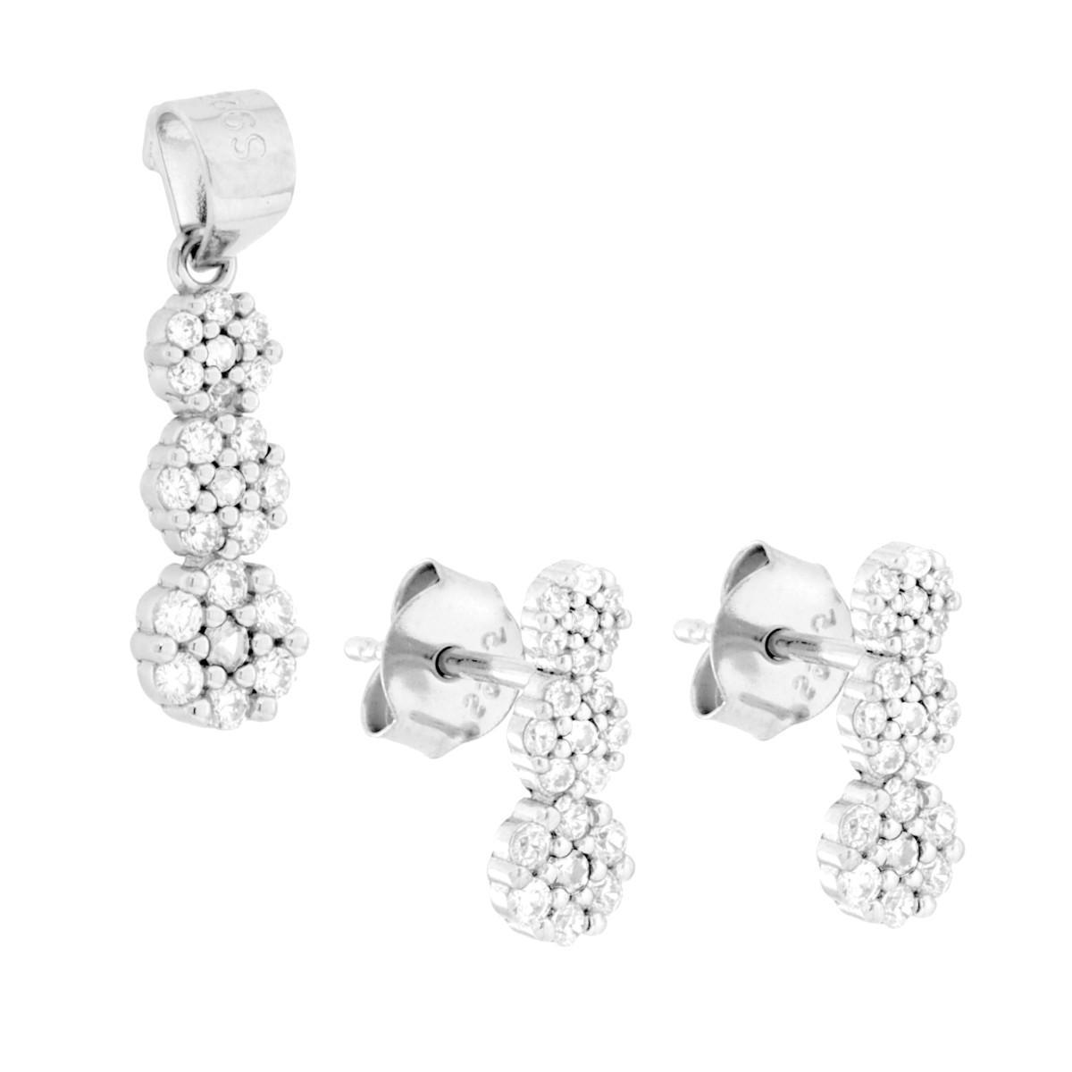 Parure Set Orecchini e Ciondolo con Trilogy Fiori Cubic Zirconia Bianchi in ARGENTO 925 Galvanica Rodio<BR>