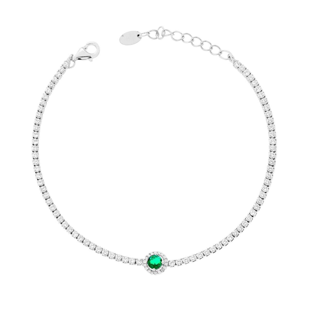 Bracciale Tennis con Cubic Zirconia Bianchi e Tondo Verde Smeraldo in ARGENTO 925 Galvanica Rodio<BR>