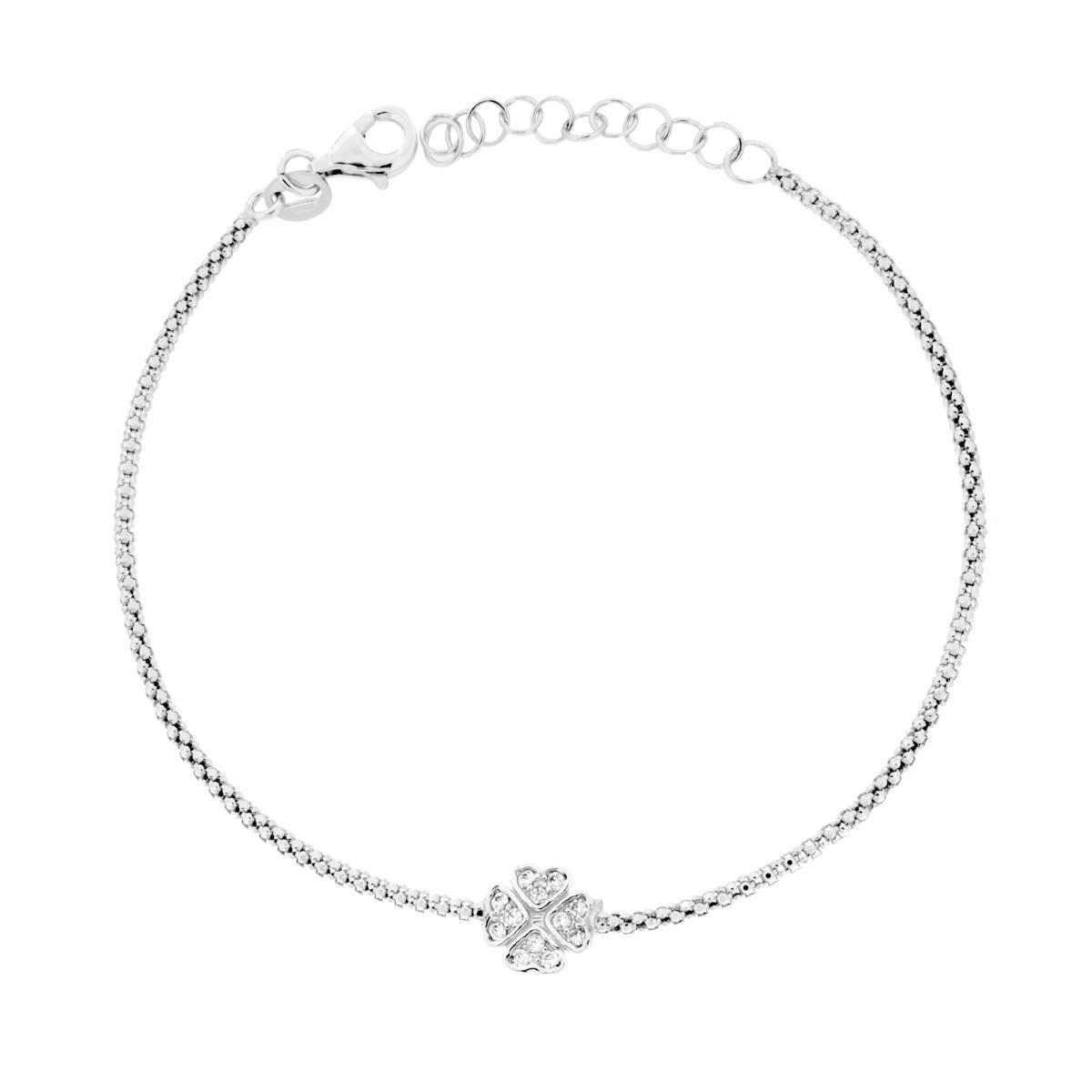 Bracciale Catena Coreana con Quadrifoglio e Cubic Zirconia Bianchi in ARGENTO 925 Galvanica Rodio