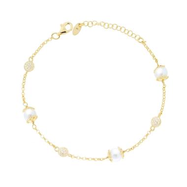Bracciale Catena Rolo Diamantata con Perle e Cubic Zirconia Bianchi in ARGENTO 925 Galvanica Oro