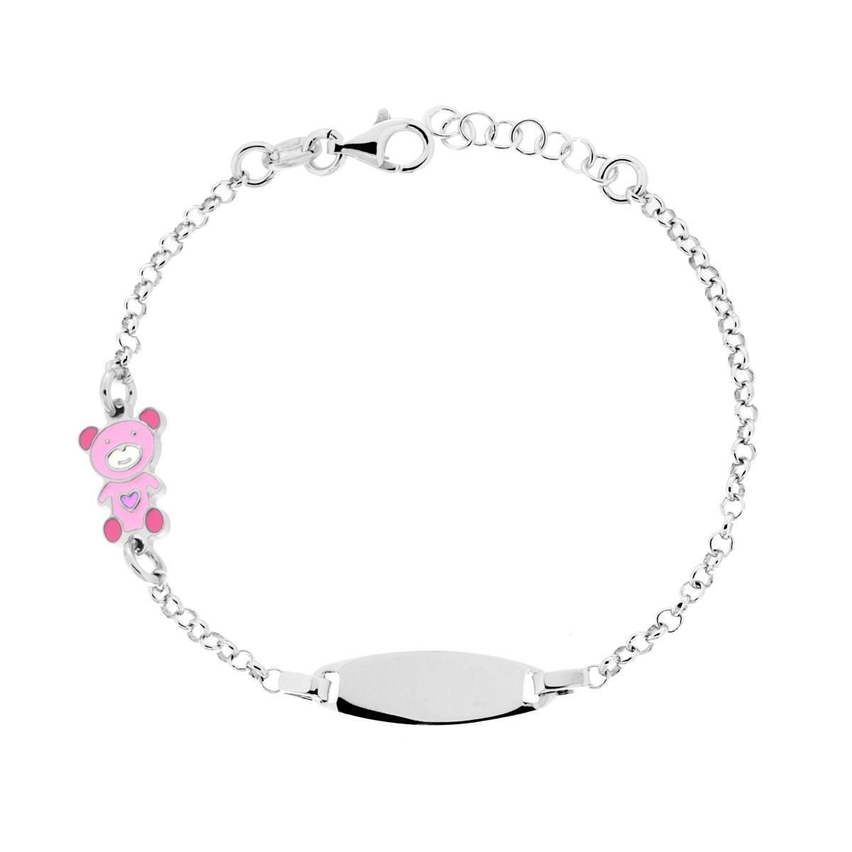 Bracciale Bimbo Bimba Catena Rolo con Targa Ovale e Orsacchiotto con Smalto Rosa in ARGENTO 925 Galvanica Rodio<BR>