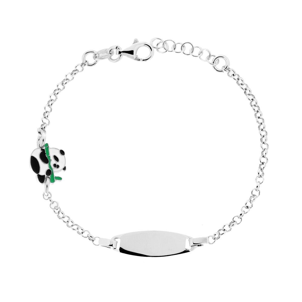 Bracciale Bimbo Bimba Catena Rolo con Targa Ovale e Panda con Smalto Bianco e Nero in ARGENTO 925 Galvanica Rodio<BR>