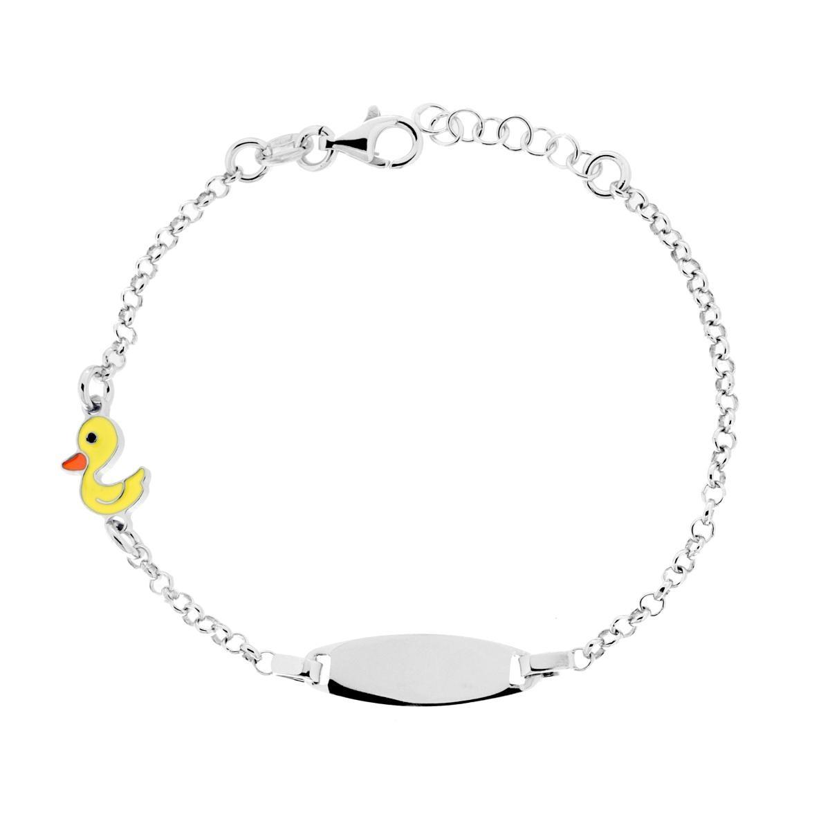 Bracciale Bimbo Bimba Catena Rolo con Targa Ovale e Paperella con Smalto Giallo in ARGENTO 925 Galvanica Rodio<BR>