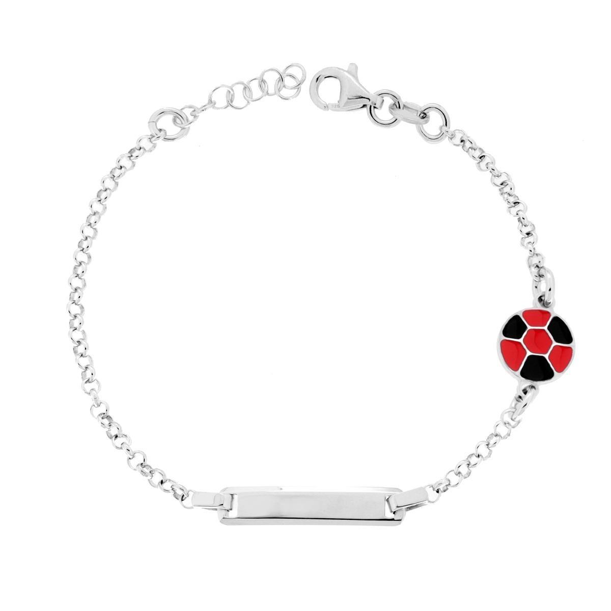 Bracciale Bimbo Bimba Catena Rolo con Targa Rettangolare e Palla Calcio con Smalto Rosso e Nero in ARGENTO 925 Galvanica Rodio<BR>