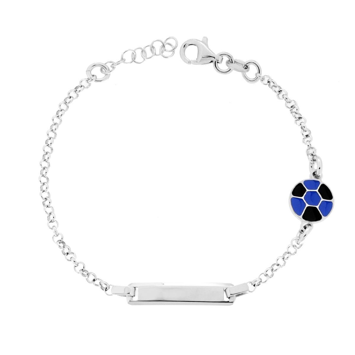 Bracciale Bimbo Bimba Catena Rolo con Targa Rettangolare e Palla Calcio con Smalto Blu e Nero in ARGENTO 925 Galvanica Rodio<BR>