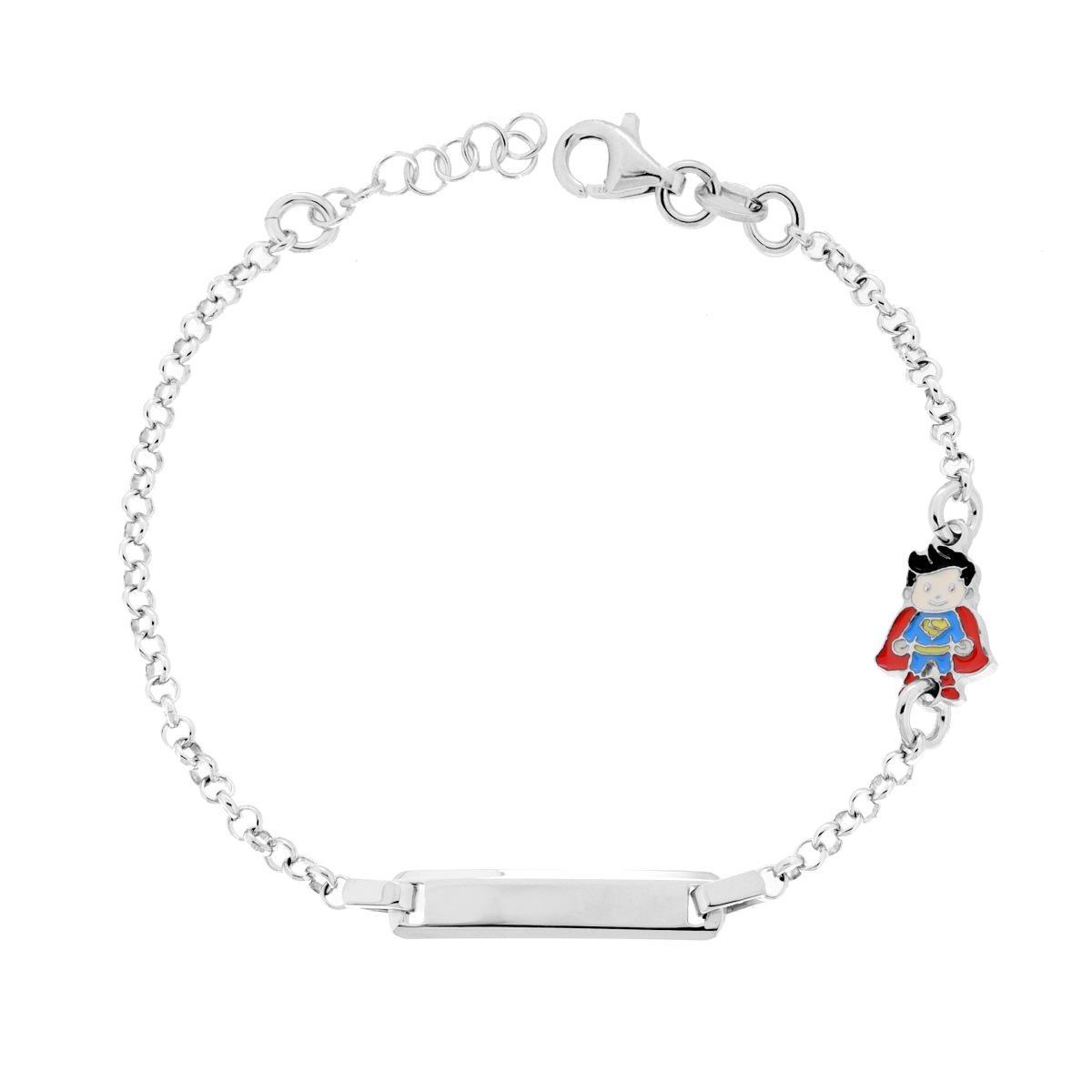 Bracciale Bimbo Bimba Catena Rolo con Targa Rettangolare e Personaggio Superman con Smalto Multicolor in ARGENTO 925 Galvanica Rodio<BR>
