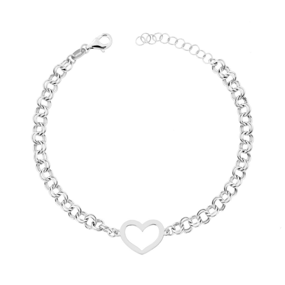 Bracciale Catena Forzatina Tonda doppia con Cuore Plain in ARGENTO 925 Galvanica Rodio<BR>