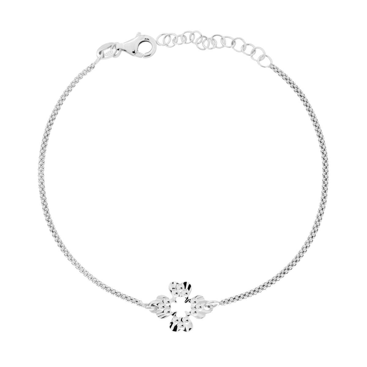 Bracciale Catena Coreana Diamantata con Quadrifoglio centrale Diamantato in ARGENTO 925 Galvanica Rodio<BR>