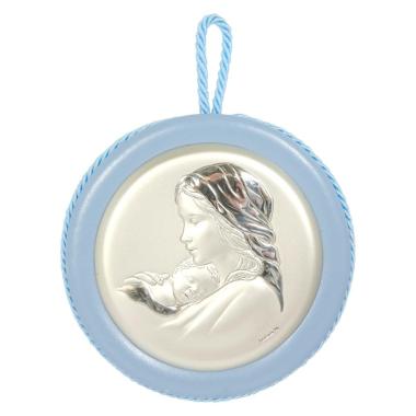 Medaglione culla Madonna con bambino azzurro Valenti
