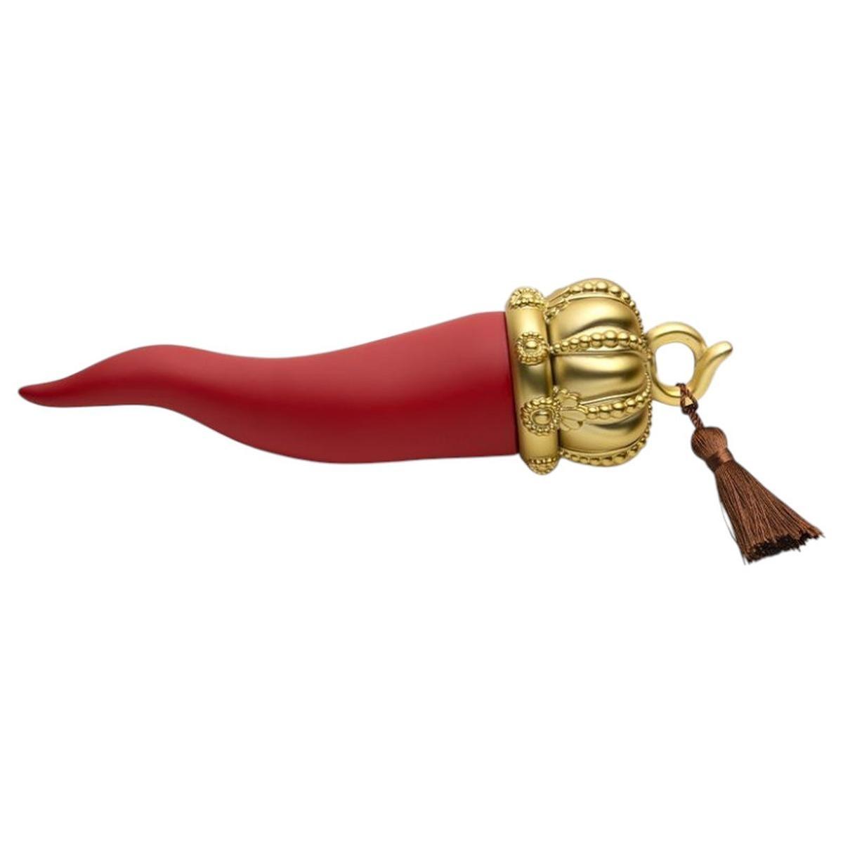 Corno rosso opaco base oro opaco con nappina h.17,5 cm Valenti