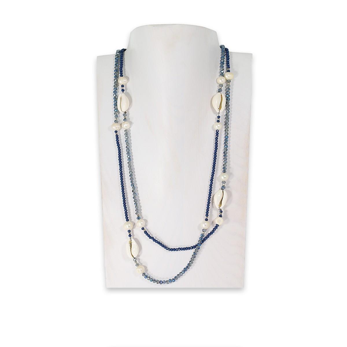 Collana montata in cristallo blu, perle di fiume e paguro