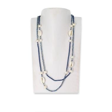 Collana montata in cristallo blu, perle di fiume e paguro