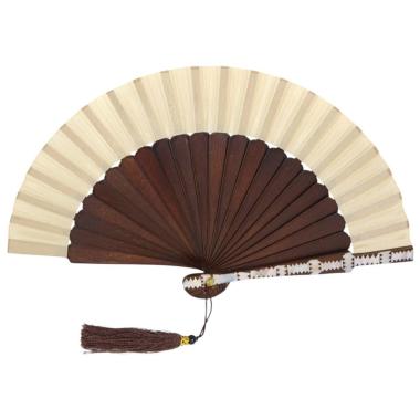 Ventaglio bicolore marrone e beige con dettaglio laterale e nappina decorativa d.27 cm
