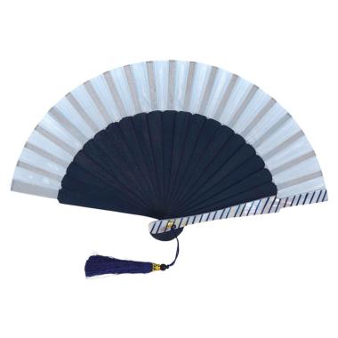 Ventaglio bicolore azzurro e blu con dettaglio laterale e nappina d.27 cm