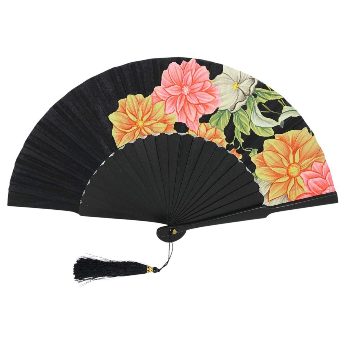 Ventaglio nero con stampa floreale e nappina decorativa d.34 cm