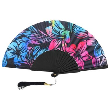 Ventaglio nero con stampa floreale colorata e nappina decorativa d.34 cm