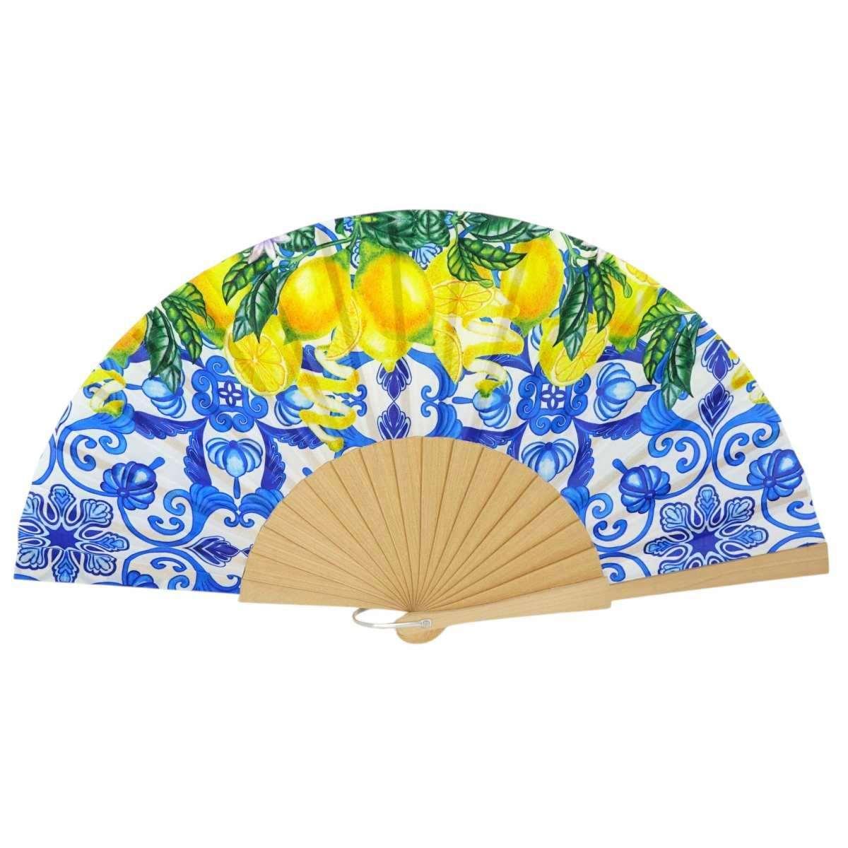 Ventaglio in tessuto stampa limoni e maiolica siciliana d.43 cm